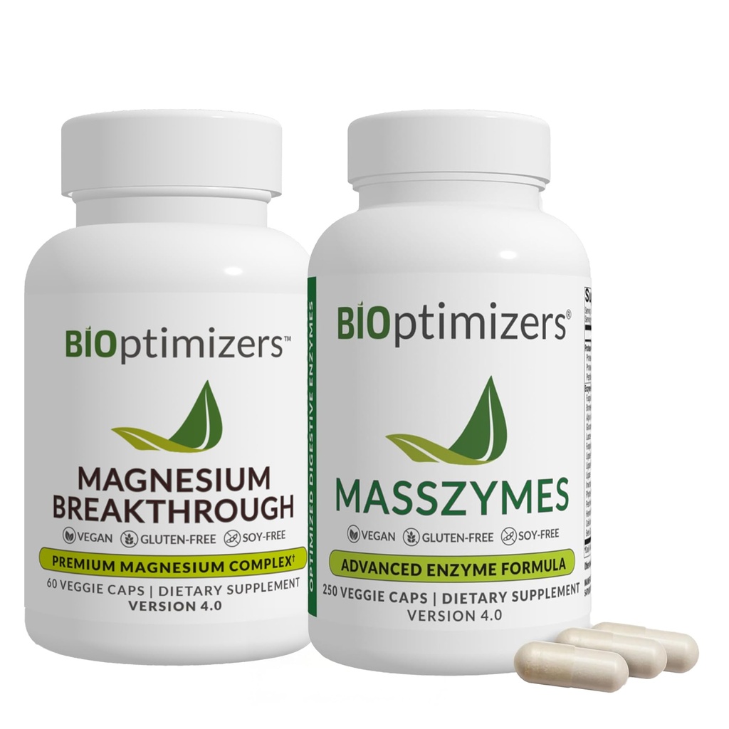 BiOptimisers Magnesium Doorbraak 4.0, (60 capsules) & MassZymes 4.0, (250 capsules) - Natuurlijke Slaap, Hersenen en Digestieve Gezondheidsondersteuning Supplement Bundle