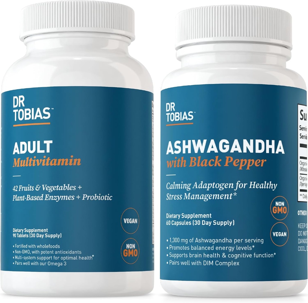 Dr. Tobias Adult Multivitamines en Ashwagandha Capsules, Ondersteuning van algehele Wellness & Balanced Energy & Resilience, Vegan, Non-GMO