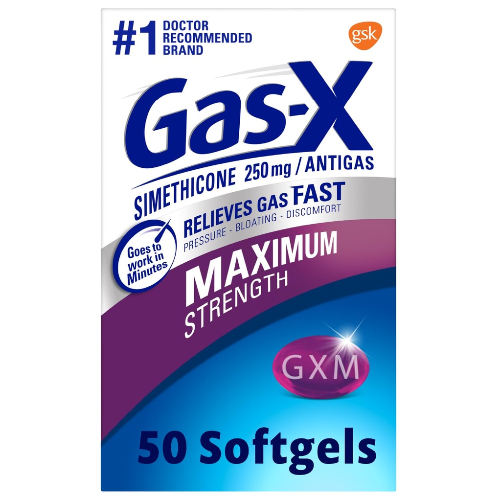 Gas-X maximale sterkte gasrelief Softgels met Simethicone 250 mg voor opblaashulp - 50 Tel.