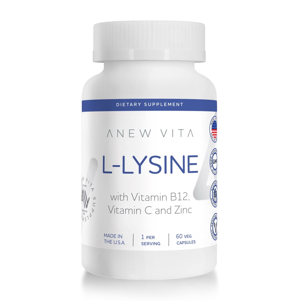 L-Lysine supplement met vitamine B12 + C + zink voor Lip, Mond, en Orale Weefsel Gezondheid - Verbeterde Wellness Ondersteuning - Non-GMO, Gluten-Free - Made in USA - 60 Plantaardige Capsules, 500mg
