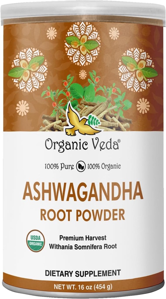 Biologische Veda Ashwagandha Root Powder, 16oz - 100% Pure & Natural Ashwagandha Powder Supplement, Withania Somnifera - Verbetert Mood, Uithoudingsvermogen, Ondersteuning Immuniteit, Energie - Vegan, Non-GMO