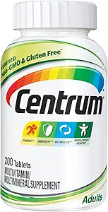 Centrum Adult Multivitamine/Multimineral Supplement met Antioxidanten, Zink, Vitamine D3 en B Vitaminen, Glutenvrij, Niet-GMO Ingrediënten - 200 Tel.