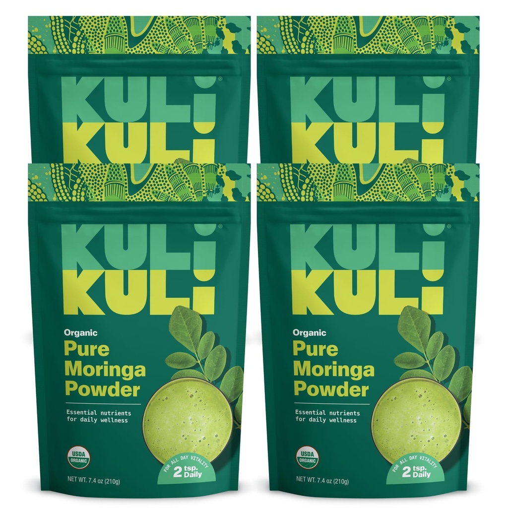 Kuli Kuli Moringa Oleifera Organic Leaf Powder & Green Smoothie, 100% Pure USDA Certified & Non-GMO Moringa Powder, Great with Smoothies, Thee, and Food, 4 Pack