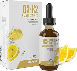 Maxler vitamine D3 K2 druppels met MCT olie - hart, bot en immuunondersteuning - Geen GGO, kleuren, zoetstof, alcohol - vitamine D3 5000 IE & vitamine K2 500 mcg per 1 portie - 120 porties citroensmaak