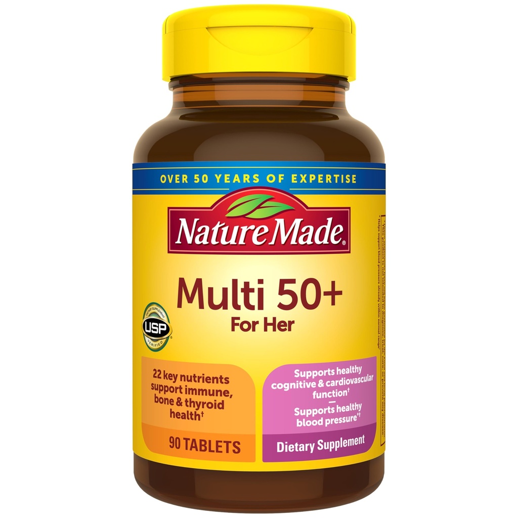 Natuur gemaakt Multivitamine voor vrouwen 50+ Geen ijzer, Multivitaminen voor vrouwen 50 Plus, Dagelijkse voedingsondersteuning, Natuur gemaakt Multi Vitaminen, 90 Tablets, 90 Day Supply