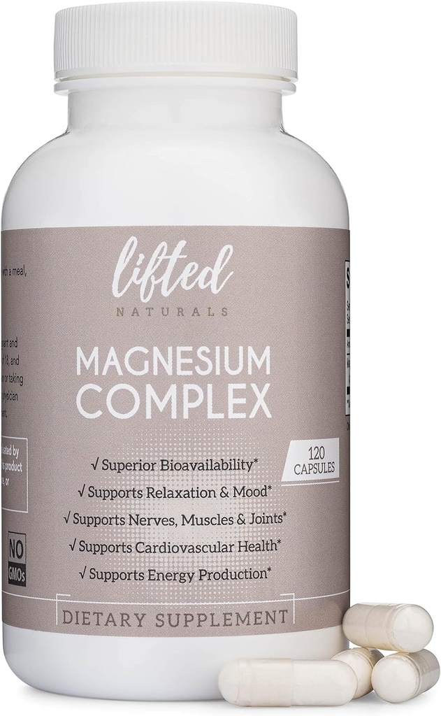 Magnesium Complex - Lifted Naturals Magnesium Supplement w/Bisglycinaat, Malate, Taurate - 120 Capsules - Bio available Magnesium Formula for Mood, Sleep, Energy Support*