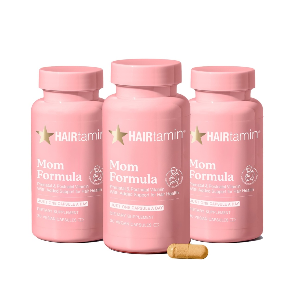HAIRtamin MOM Vegan Prenatale & Postnatale Multivitamine Capsules & Hair Vitaminen, Postpartum, Borstvoeding, Hair Nails en Huidvitaminen voor vrouwen met Biotine, Zink, IJzer (3-pack)
