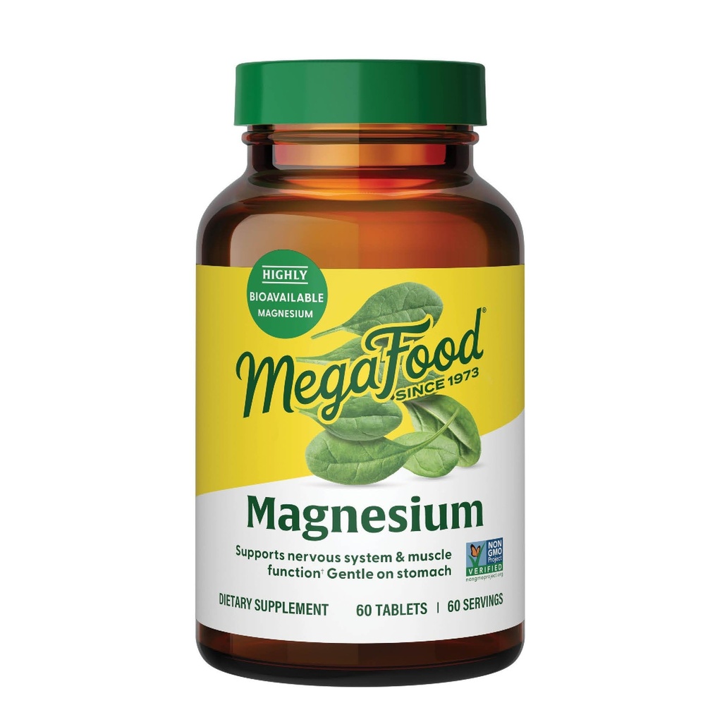 MegaFood Magnesium - Ondersteunt het hart en zenuwstelsel - Magnesium Supplement met gefermenteerd magnesium Glycinaat - Vegan, Glutenvrij, Non-GMO en Kosher - Made Without 9 Food Allergenen - 60 Tabs