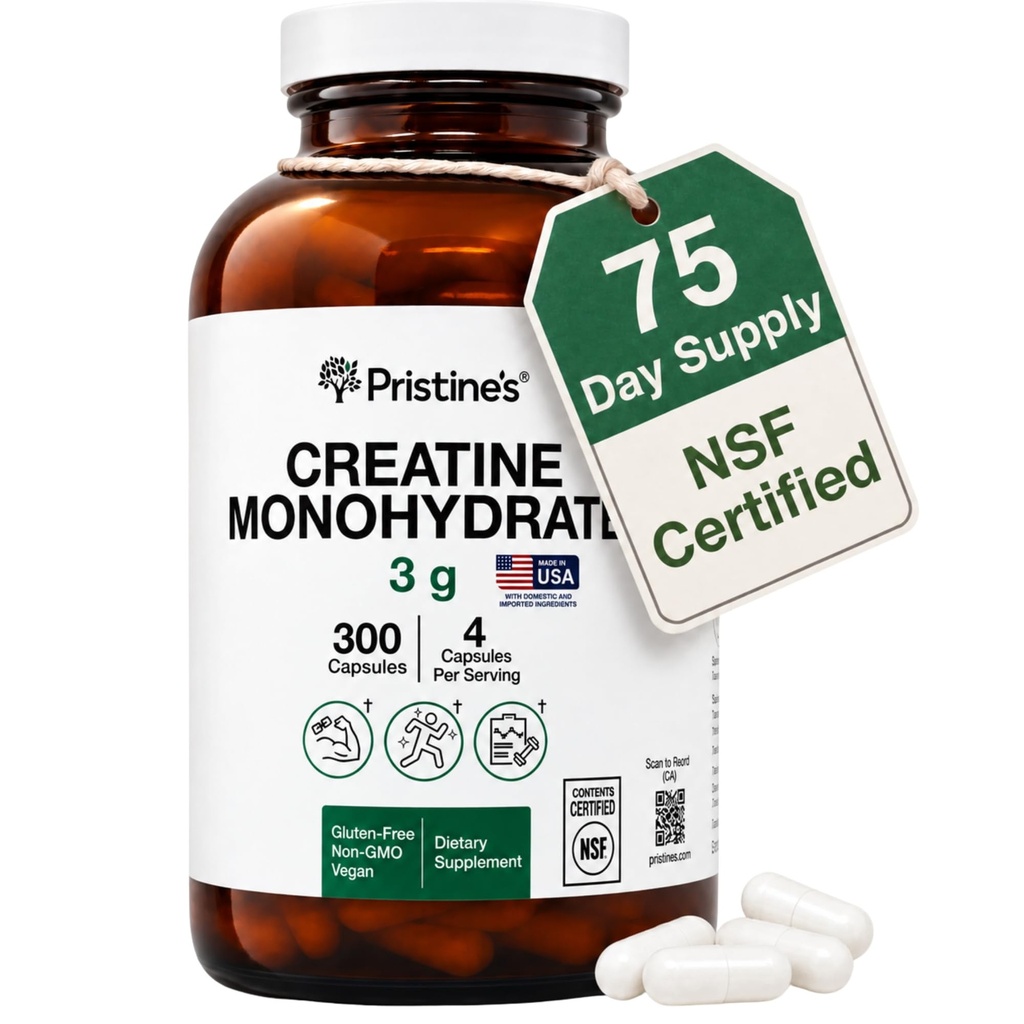 PRISTINE'S Creatine Monohydraat Capsules voor vrouwen en mannen - NSF Certified 75 Day Supply 3G Creatine Pills for Women - Cognitive & Athletic Performance Support - Enhanced Recovery Glass Bottle