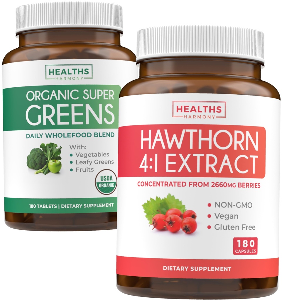 Super Greens & Hawthorn Extract (3-maand supply) Super Berry Blend Bundle of Organic Super Greends Powder - Complete Superfood & Hawthorn Berry 4:1 Extract - High Strong Extract (180 Capsules)
