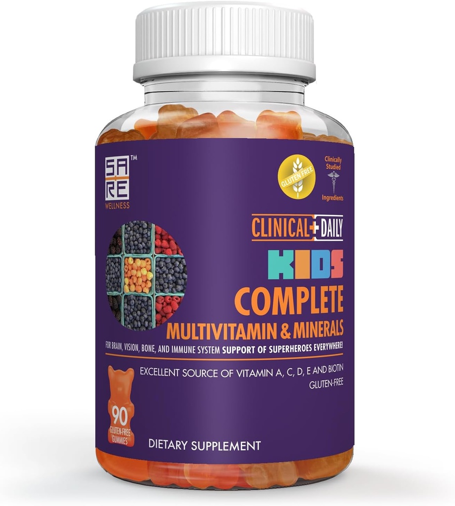 Clinical Daily Complete Kids Multivitamine Daily Gummy Supplement voor Brain, Vision, Bone en Immune Health. Vitaminen A, C, E,D,B6,B12, Folaat, Biotine, Essentiële Mineralen. 90 Glutenvrije Yummy Gummies