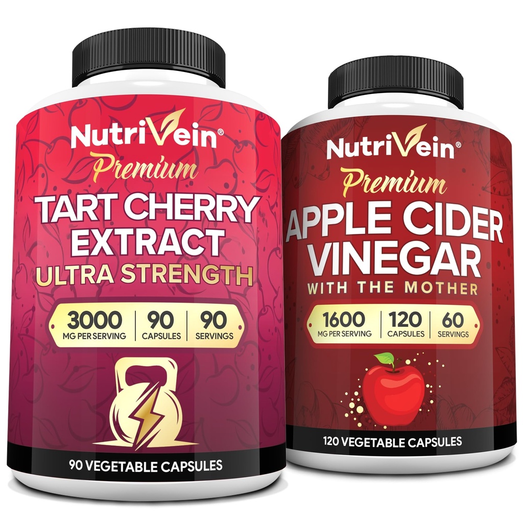 Nutrivein Premium Tart Cherry 500mg & Apple Cider Vinegar 1600mg bundel - Muscle Recovery & Uric Acid Cleanse Plus Digestion Support & Weight Management - Non-GMO, Vegan/Vegetarisch - 90 + 120 pillen