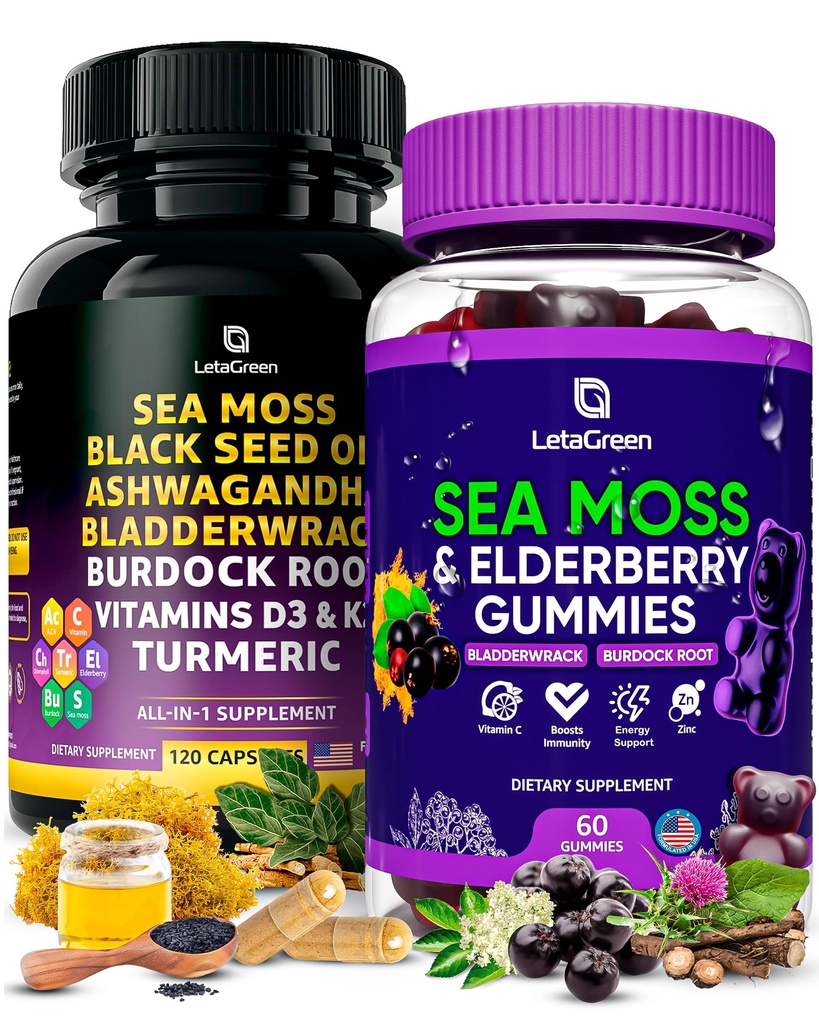 Sea Moss Capsules + Gummies Bundle, 60 Irish Sea Moss Gummies + 120 Ocean Wild SeaMoss Capsules met vitamines en mineralen