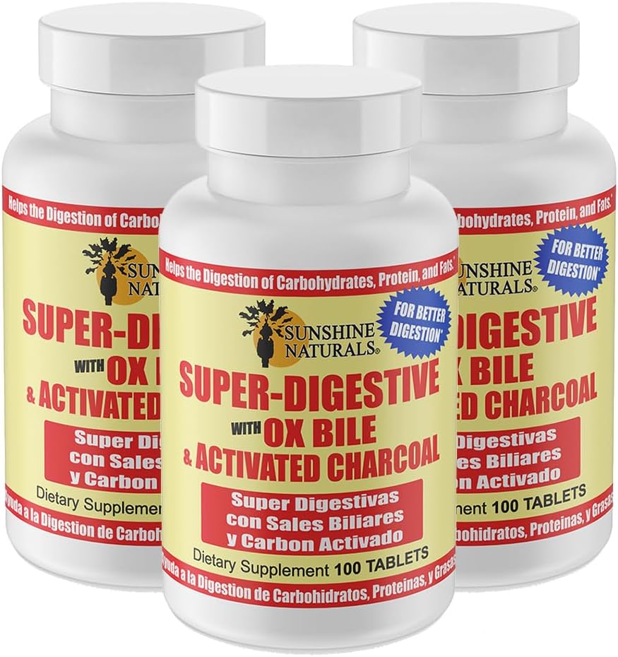 Sunshine Naturals Super Digestive Supplement. Ox Bile & Activated Charcoal for Digestive Support, Bloating Relief, Gut Cleanse, Nutrient Absorption, and Overall Wellness. 100 Tablets. Pack of 3