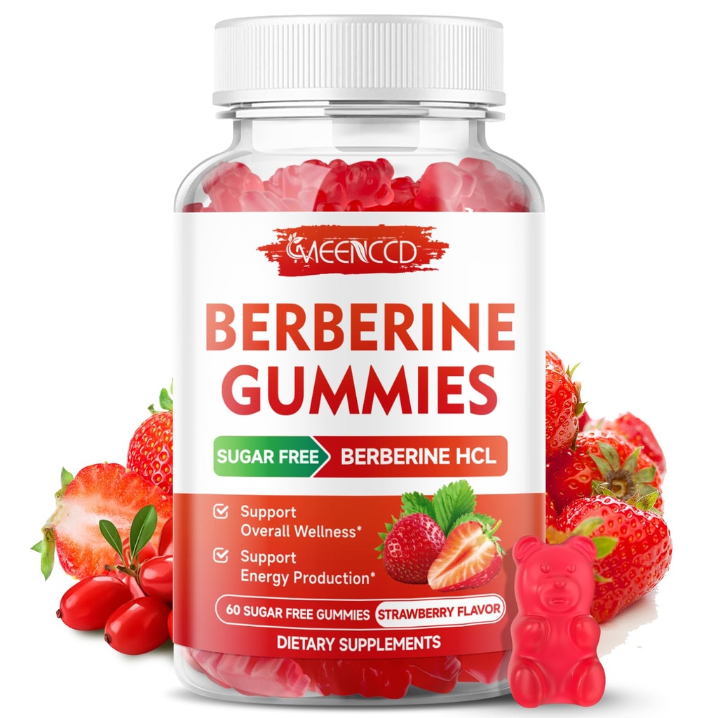 MEENCCD Berberine Gummies with Ceylon Cinnamon, Berberine HCL Supplement for Immune Support, Sugar Free, Vegan, Strawberry Flavor, 60 Count