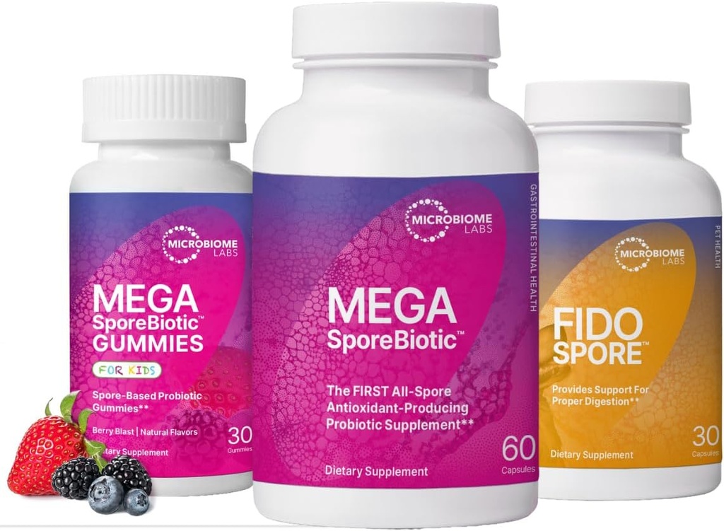 Microbiome Labs Whole Family Probiotic Bundle - MegaSporeBiotic for Adults, Probiotic Gummies for Children, and FidoSpore Probiotics for Dogs and Cats