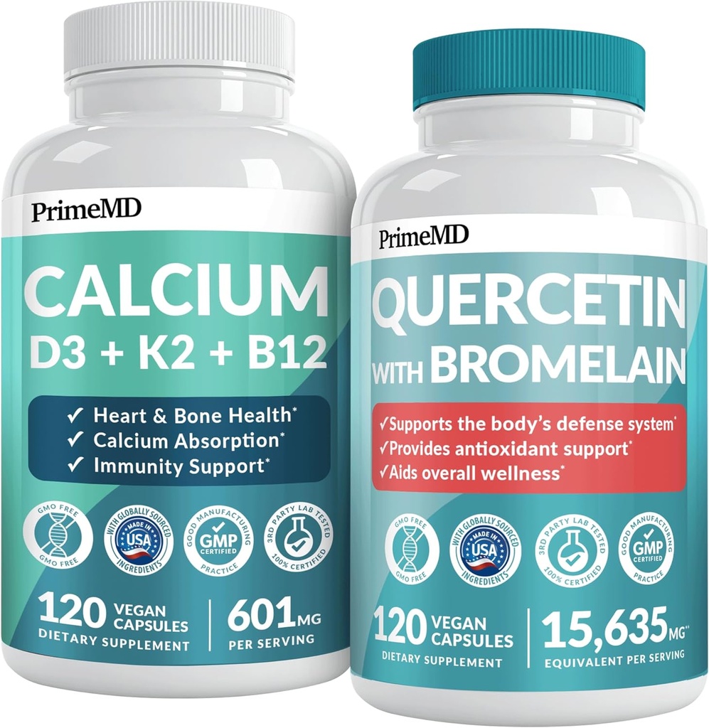 PrimeMD 4-in-1 Calciumsupplementen voor vrouwen en mannen of hart, bot & Body Defenses (120 ct) & 28-in-1 quercetine met bromelaïnesupplement - quercetine 500 mg Capsules for Immune Defense Support (120 ct)