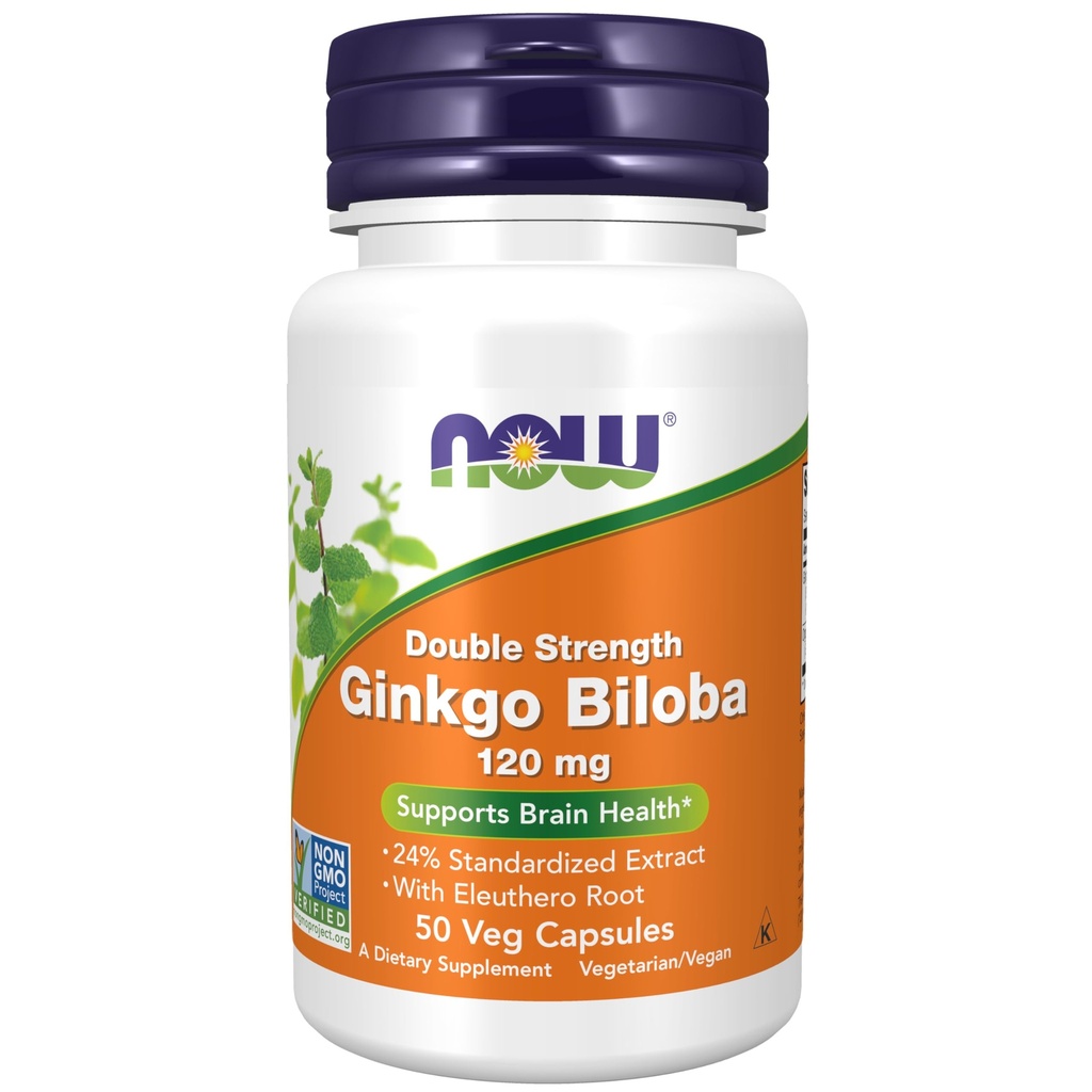 NOW Foods Supplements, Ginkgo Biloba 120 mg, Dubbele sterkte, Niet-GMO Project Geverifieerd, 50 Veg Capsules