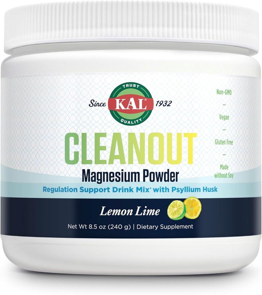 KAL Cleanout Magnesium Plus Psyllium Husk Powder - Lemon Lime - Magnesium Oxid with Fiber Supplement - Regulation Support Drink Mix - No Sugar - 60-Day Garantie, 40 Servings, 8.5 OZ