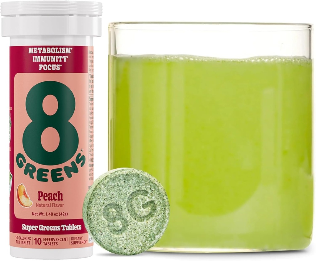 8Greens Supergreens Tabletten Supergroen Poeder Superfood Tablet, Metabolisme Immuniteit & Focus, Dagelijkse Groenen Bruistabletten, Organisch: Aloë Vera, Spirulina, Chlorella, Perzik, 10 porties