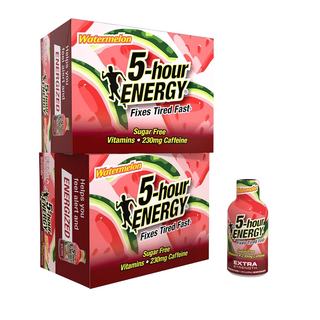 5-uur energie extra kracht energie shot, watermeloen smaak (1,93 oz. - 24 Count) suikervrije & nul calorieën, B-vitaminen & Aminozuren, 230 mg cafeïnevrije energie shot, Dieetsupplement