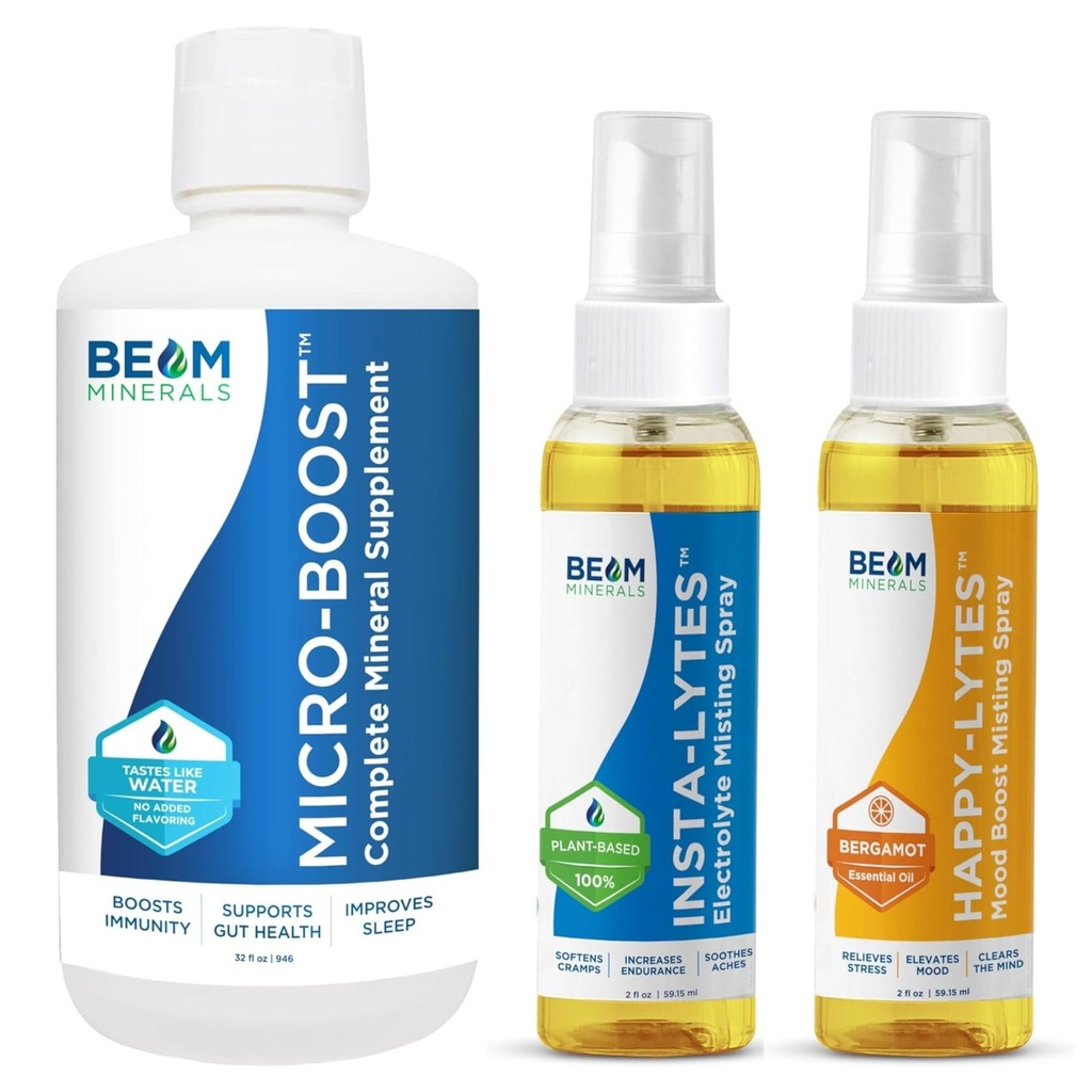 Beam Minerals Micro-Boost Humic Mineral Blend and Insta-Lytes Natural Liquid Electrolytes 2oz and Happy-Lytes Fluvic Electrolyte Misting Spray 2oz