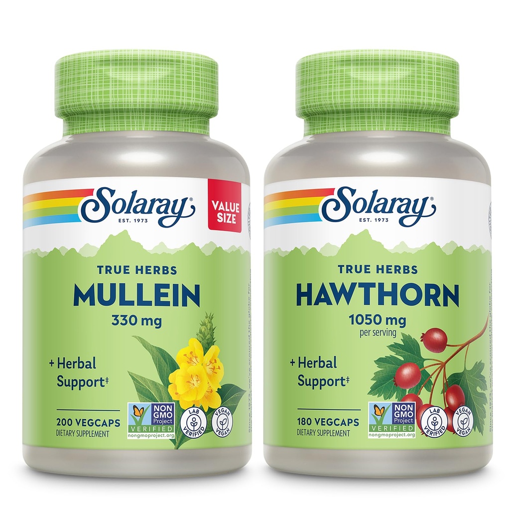 SOLARAY Mullein Leaf 330 mg en Hawthorn Berry Capsules 1050 mg - Verzachtende kruidenondersteuningsbundel voor algehele gezondheid en welzijn - Veganistisch, niet-GMO, 60 dagen garantie, Lab geverifieerd, 200/180 VegCaps