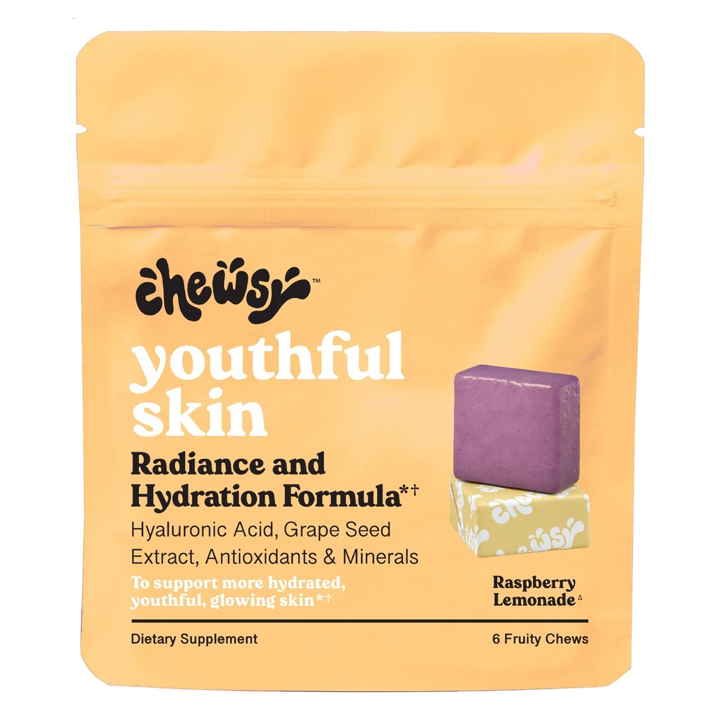 Chewsy Jeugdige huid, Fruitige Kauwen Vitaminen, Weerkaatsing & Hydratatie Formule, Hyaluronzuur, Grape Seed Extract, Antioxidanten & Mineralen, Vitaminen Raspberry Lemonade Smaak 6-Day Supply
