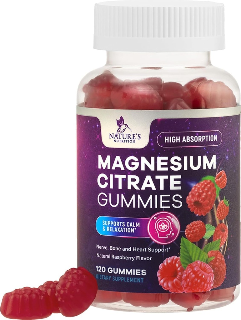 Magnesium Citrate Gummies Supplement - Hoge Absorptie, Vegan Magnesium Gummy Supplement voor volwassenen en kinderen, Magnesio Citrate Gummy Supplementen voor spier, nerve, bot en hart ondersteuning - 120 Gummies