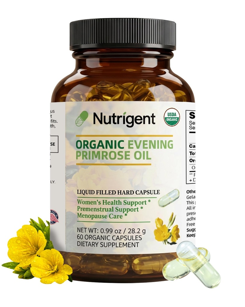 Organic Evening Primrose Oil Supplement, 940 mg 100% Pure met 10% GLA, Hoge Absorptie Liquid Organic Capsules, bevordert de gezondheid van vrouwen en de gezondheid van de huid, koud geperst, 60 Tellen