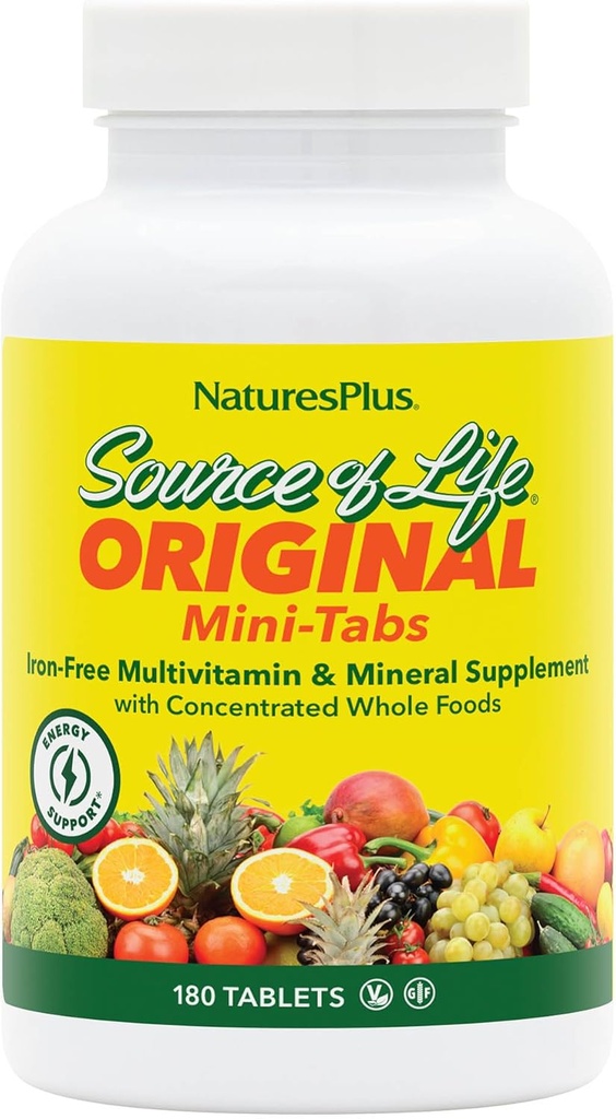 Natures Plus Bron van het leven Mini-Tabs Geen ijzer - 180 Vegetarische Mini Tablets - Gemakkelijk doorslikken Natuurlijke Gehele Voedsel Multivitamine & Mineral Supplement voor Gezondheid & Energie - 30 porties