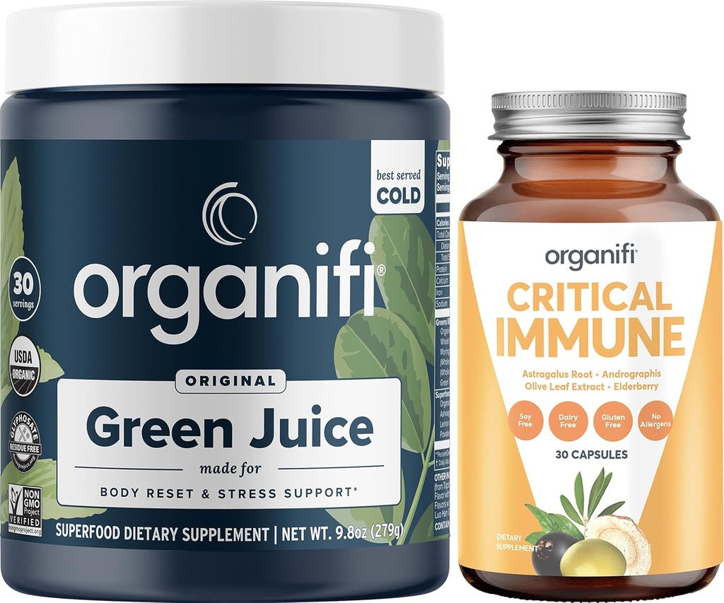 Organifi Green Juice Superfood Powder (30 porties) en Critical Immune (30 capsules) - Vitamine C, Gewichtscontrole, Detox Reiniging, Stress Relief en Immunity Ondersteuning - Glutenvrij, Veganistisch, Whole Food