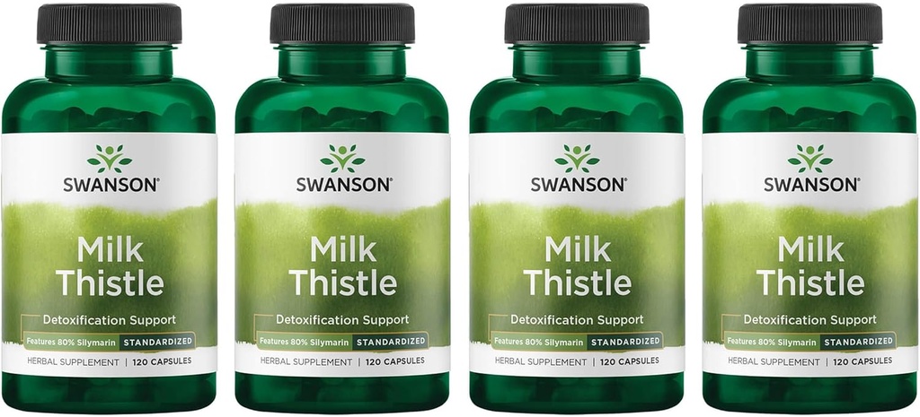 Swanson Milk Thistle (Standardized) - Herbal Lever Ondersteuning Supplement w/ 80% Silymarin - Natural Formula Helpen om de algehele gezondheid en welzijn te behouden - (120 capsules) (4 verpakkingen)