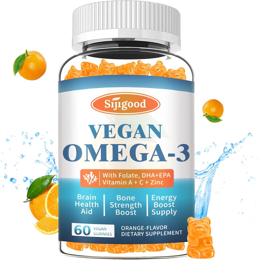 Omega-3 Gummies Pottent Algen Omega Bron, Boost Brain, Eye & Immune Functie, met DHA en EPA Vegan & Sugar Free, Orange Flavor, 60 Tel.