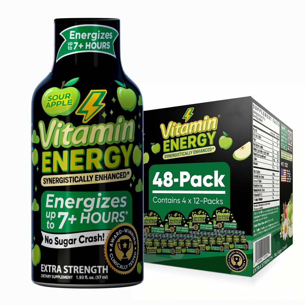 Vitamine Energie Workout+ Extra sterkte Energie Shot Sour Apple 48 Pack, 260mg Natural Cafeine, Pre-Workout, B-Vitamins, Mineralen, Endurance & Performance, Zero Sugar, Gluten-Free, Veganistan, 1,93 fl oz