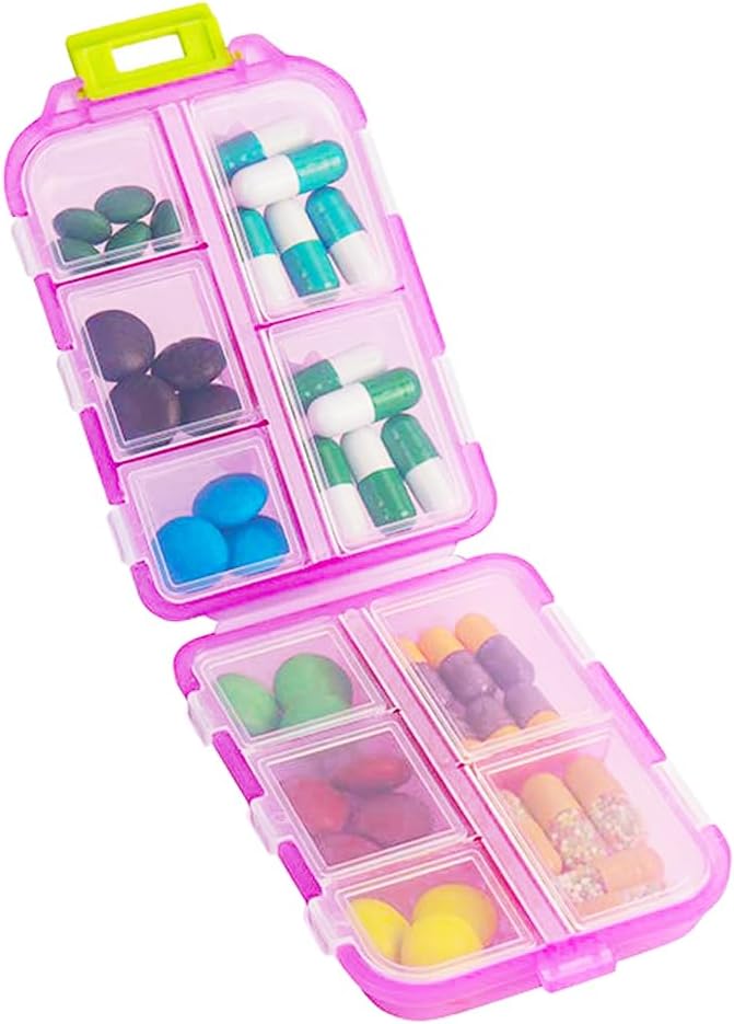 Travel pil Organizer, Vocht Proof Dagelijkse Medicine Dispenser Box, Kleine Wekelijkse Vitamine Case voor Supplement, Visolie, Meds, Pocket Pharmacy Cute Capsule Container 10 Compartments, Roze