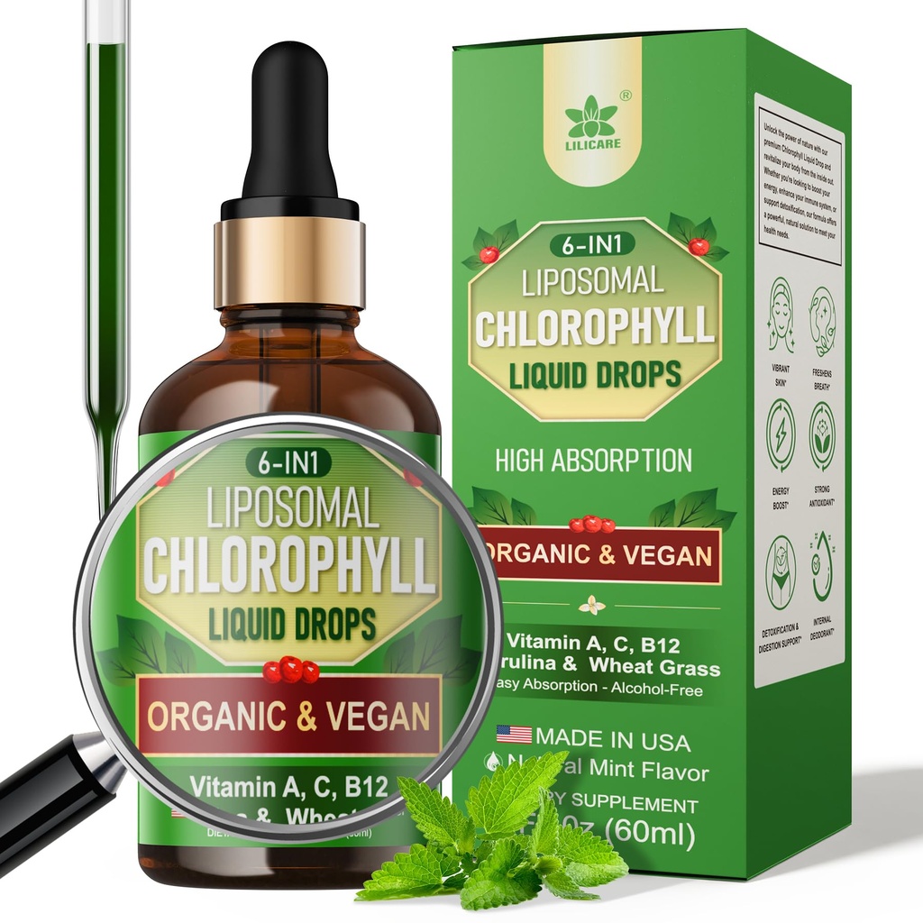 Organic Chlorophyll Liquid Drops Liposomal for Women & Men, 6-in-1 Greens Superfood Vegan Chlorophyll w/Spirulina, Wheat Grass, Vitamin C B12 A for Internal Deodorant*, Energy,Digestive,1Packs/2 Fl Oz