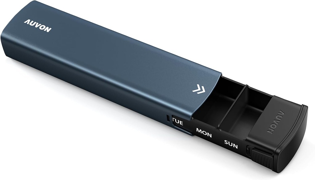 AUVON metaal wekelijks pil Organisator met schuif ontwerp, stijlvolle reis pil doos 7 dag voor privacy bescherming, aluminium legering pil geval met grote compartiment voor supplementen, visolie (Donkerblauw)