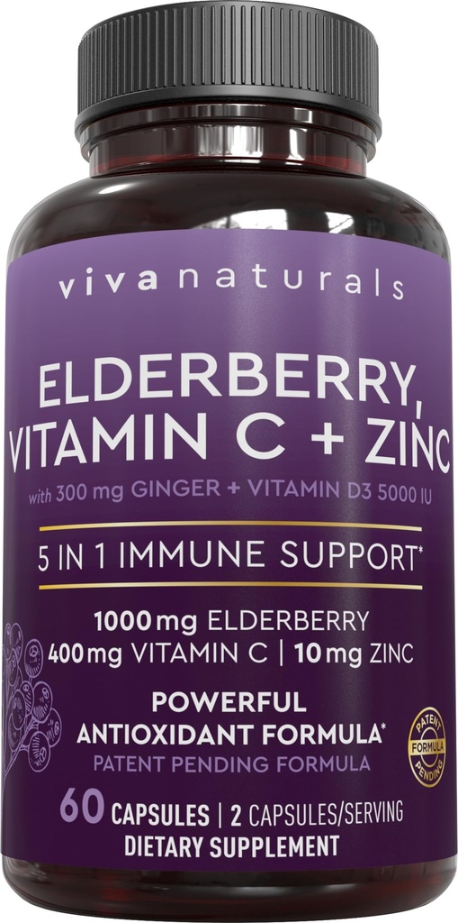 Viva Naturals Zwarte Vlierbes met vitamine C en zink voor volwassenen (60 telling) - Sambucus Vlierbes Immune Ondersteuning Supplement, Zwarte Vlierbes Capsules voor volwassenen, Vlierbes Supplementen voor vrouwen