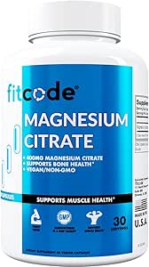 Fitcode Magnesium Citrate Capsules 400mg - Muscle and Bone Health Magnesium Supplement with Pure Magnesium Citrate for Muscle Relaxation & Bone Strength - 60 Veggie Magnesium Capsules for Heart Health