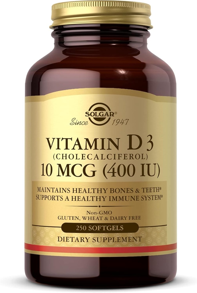 Solgar Vitamin D3 (Cholecalciferol) 10 MCG (400 IU), 250 Softgels - Helps Maintain Healthy Bones & Teeth - Immune System Support - Non-GMO, Gluten Free, Dairy Free - 250 Servings