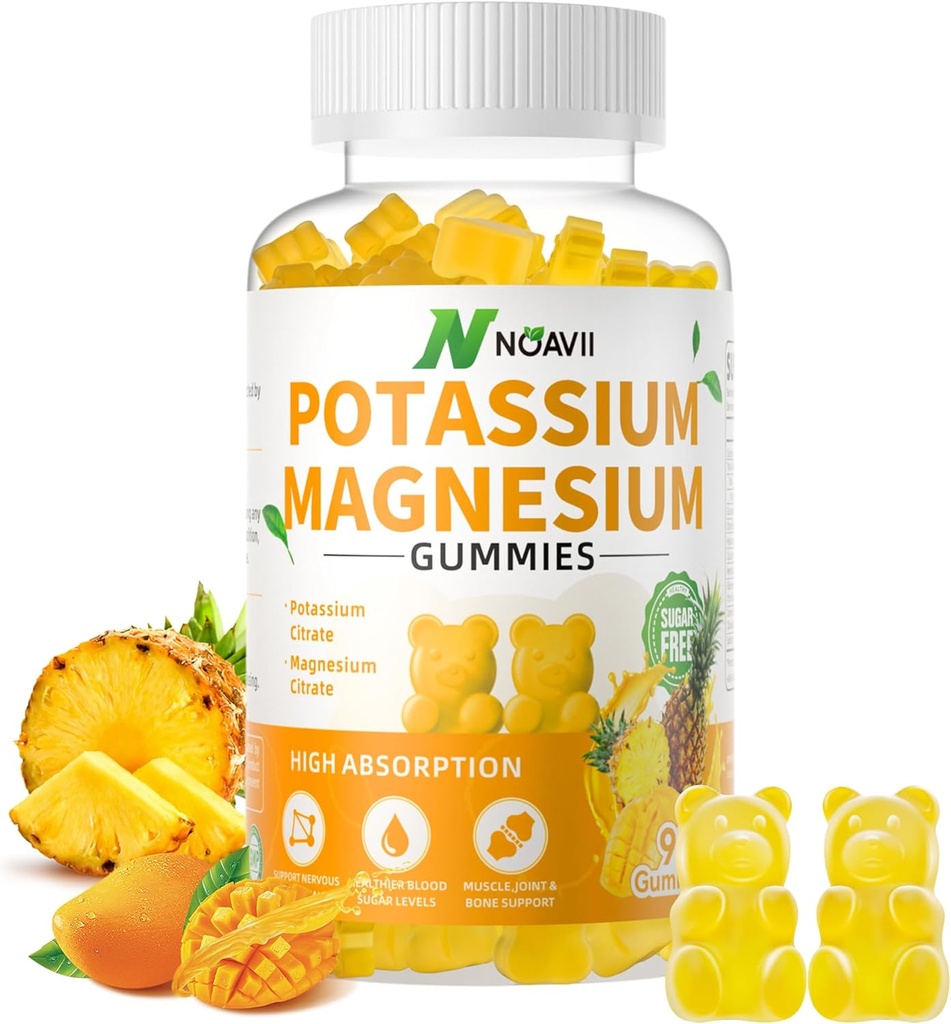 Kalium Magnesium Gummies, Nieuwe Formule Kalm Magnesium Glycinate Gummies, Kauwbare Gummy Supplementen voor benen krampen en spieren, Ananas smaak 90 Tel