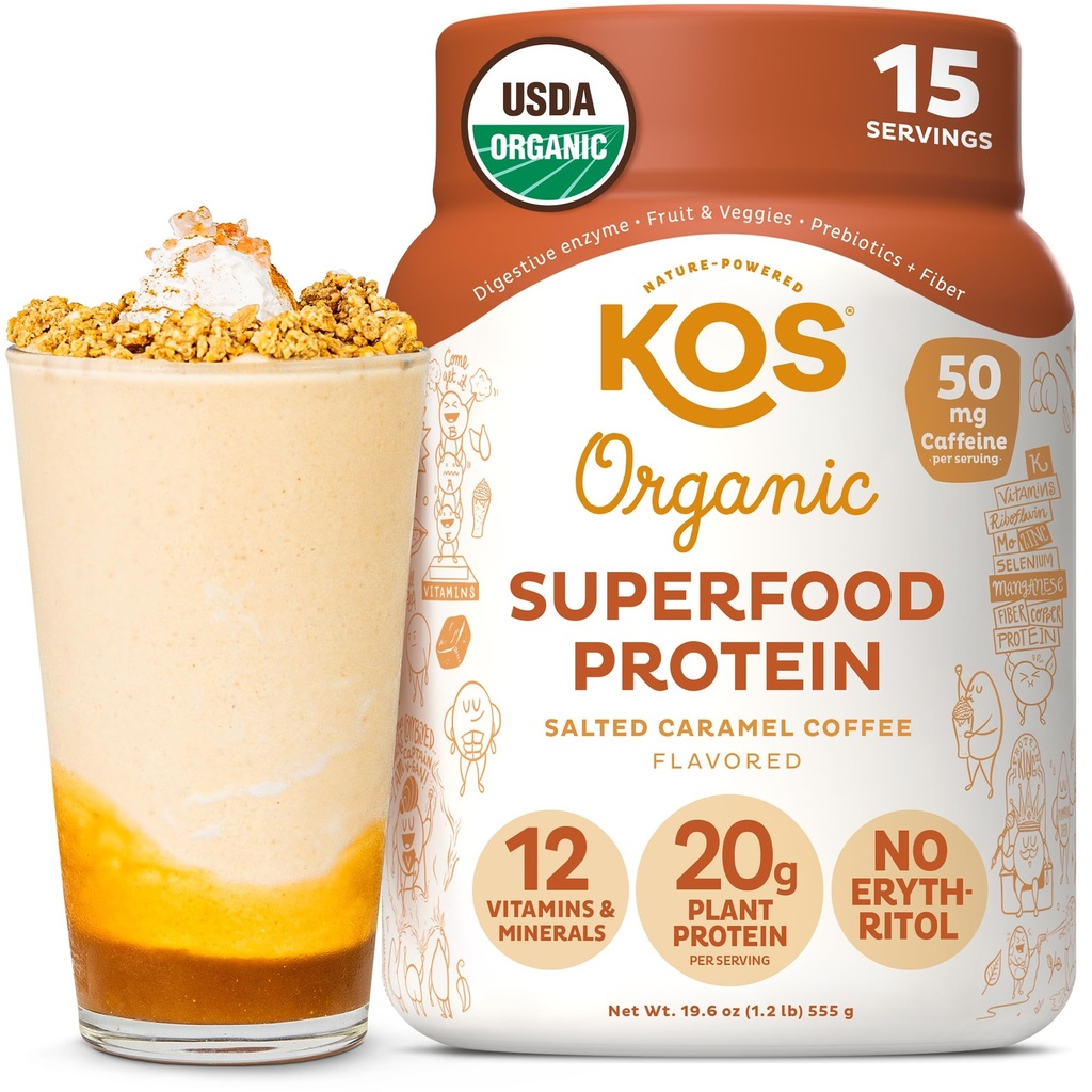 KOS Vegan Protein Powder, Salted Caramel Coffee - Low Carb Pea Protein Blend, Organic Plant Superfood Rijk aan vitamines en mineralen - Keto, Dairy Free - Maaltijd Vervanging voor vrouwen en mannen - 15 porties