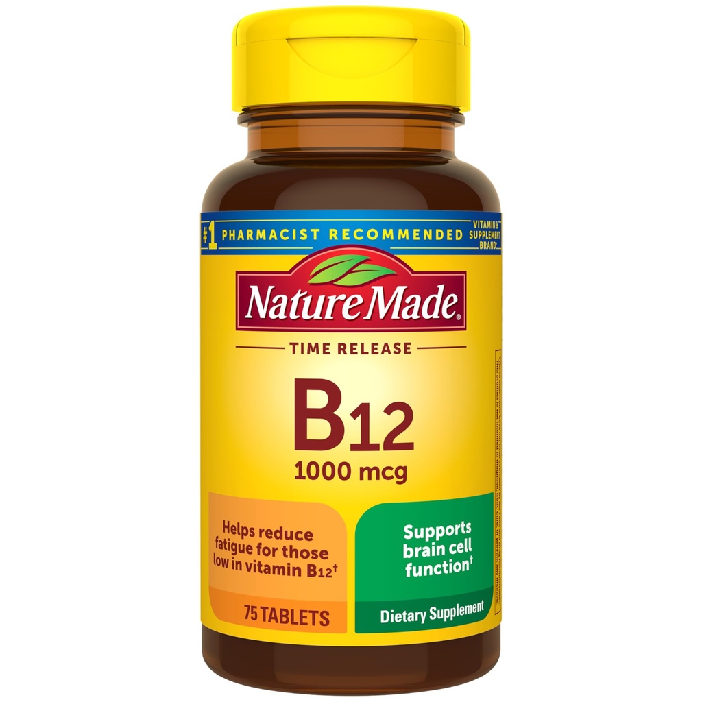 Nature Made Vitamin B12 1000 mcg, Dieetsupplement voor energie Metabolisme Ondersteuning, 75 Time Release Tablets, 75 Day Supply