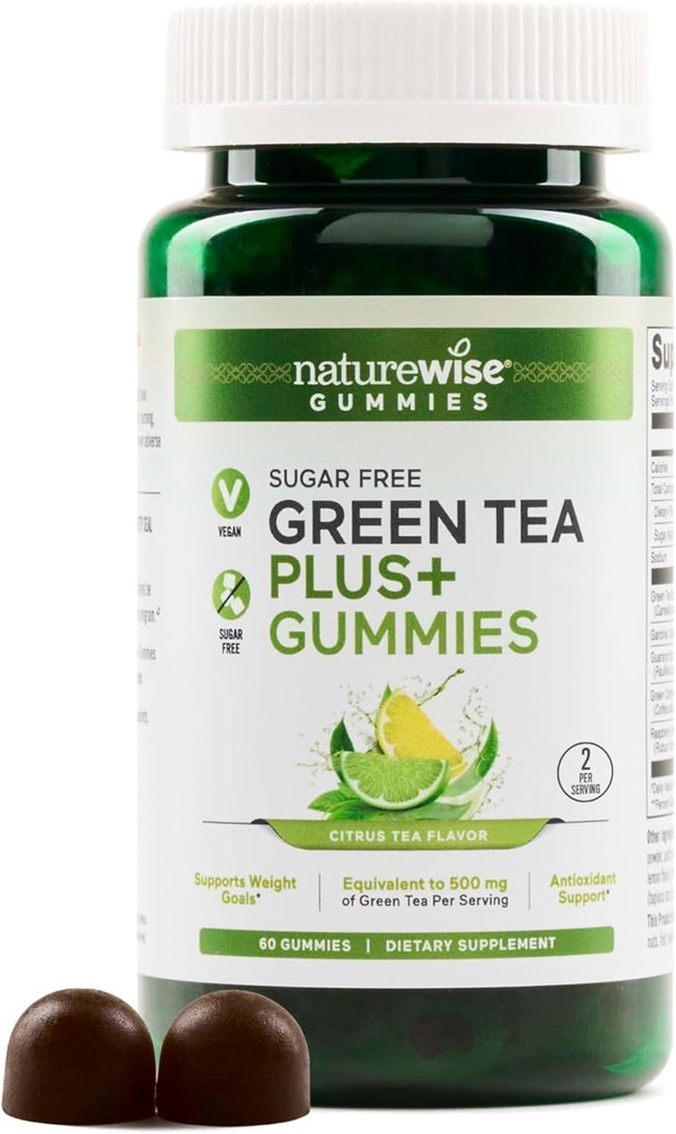 NatureWise Green Tea Gummies - Keto, Suikervrij - Ondersteunt Fitness Goals voor vrouwen en mannen - 500mg Groene Thee + Raspberry Ketones, Garcinia Cambogia - Veganistisch, Geen Gluten - 60 Tellen[1-maand levering]