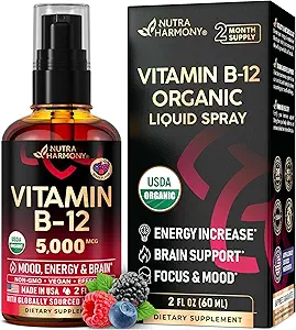 USDA Organic Vitamin B12 Sublingual Spray - 5000 mcg Liquid Vegan Methylcobalamine for Women & Men - Energy Boost, Focus & Mood, Brain Health Support - Maximalize Absorptie - 2 maand supply, 2 fl oz