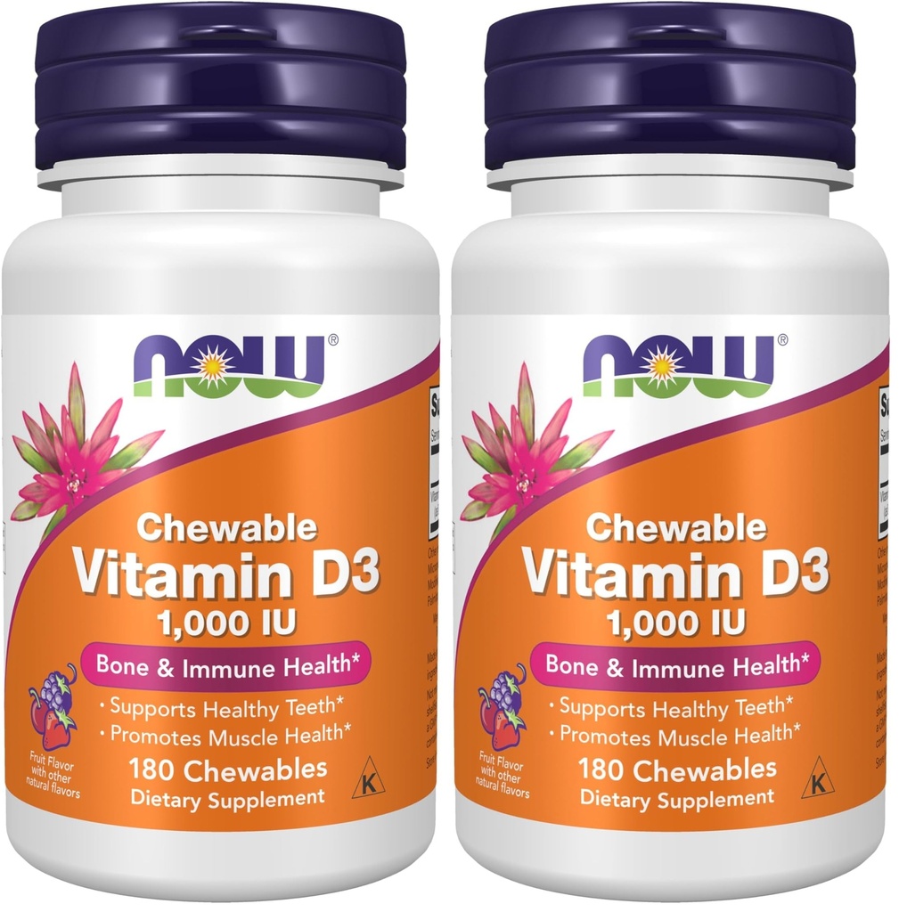 NOW Supplementen, Vitamine D-3 1000 IE, Natuurlijke Fruitsmaak, Structurele Ondersteuning*, 180 Kauwtabletten (verpakking van 2)
