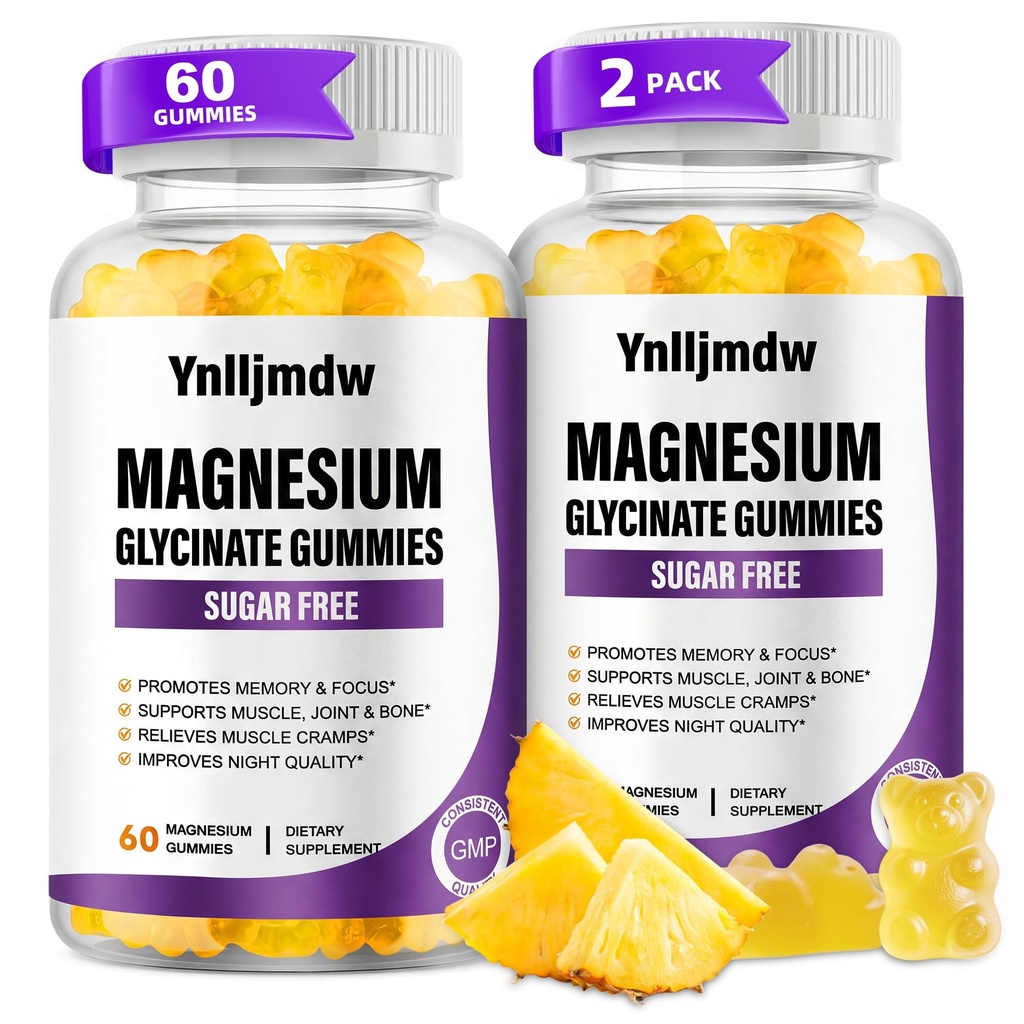 (2 Pack) Magnesium Glycinate Gummies 500mg, high-absorptie Magnesium Supplement met calcium & vitamines, ondersteuning bot, spier, nacht, geheugen & Mood, veganist, non-GMO, 60 Counts, ananas smaak