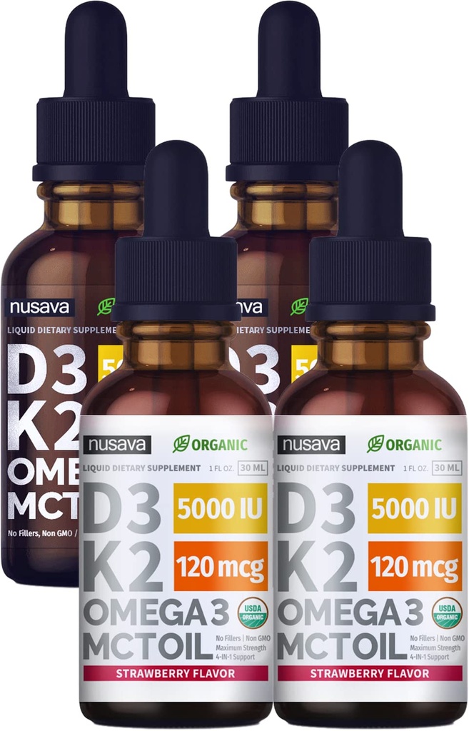 (4 Pack) Vitamine D3 K2 Drops Unflavored & Strawberry Flavor Bundle - Maximale sterkte Vitamine D Liquid 5000 IE met MCT Oil Omega 3 - Geen fillers, niet GMO Liquid D3 voor Immune Support, 2 Fl Oz Elk