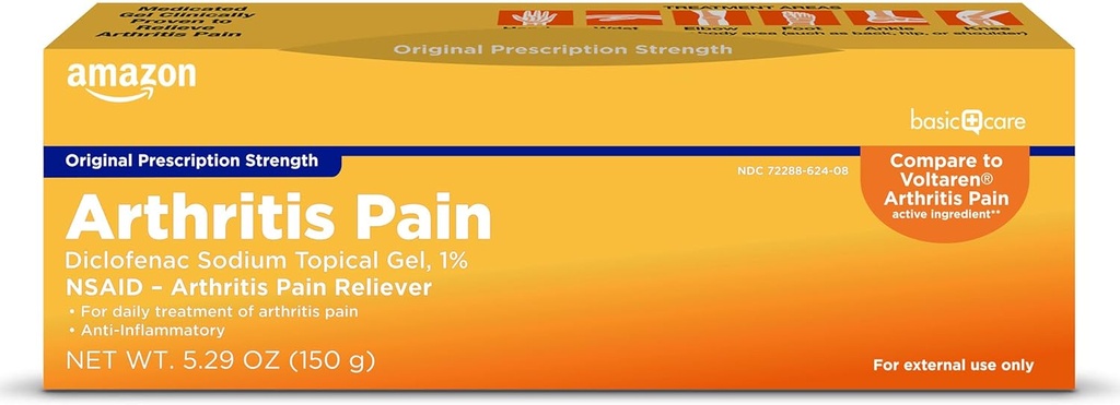 Basic Care Artritis Pijn Relieving Gel, Diclofenac Natrium Topische Gel, 1% (NSAID), 5.29 Oz (150 Gram) (Verpakking kan variëren)